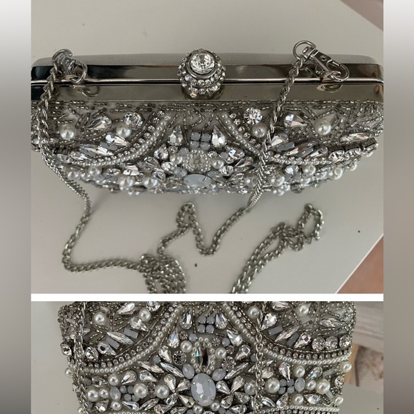Aldo Rhinestone Evening Bag long silver chain shoulder strap elegant wedding - Picture 1 of 4